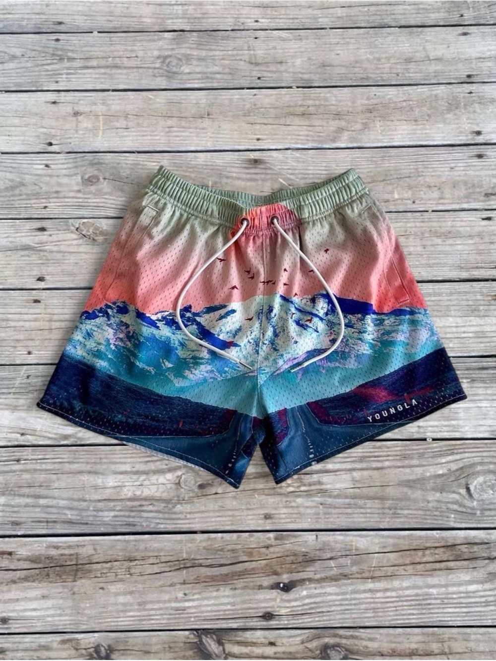 YoungLA Men's Multicolor Mountain-Print Athletic Shorts — Coral, Blue & Teal